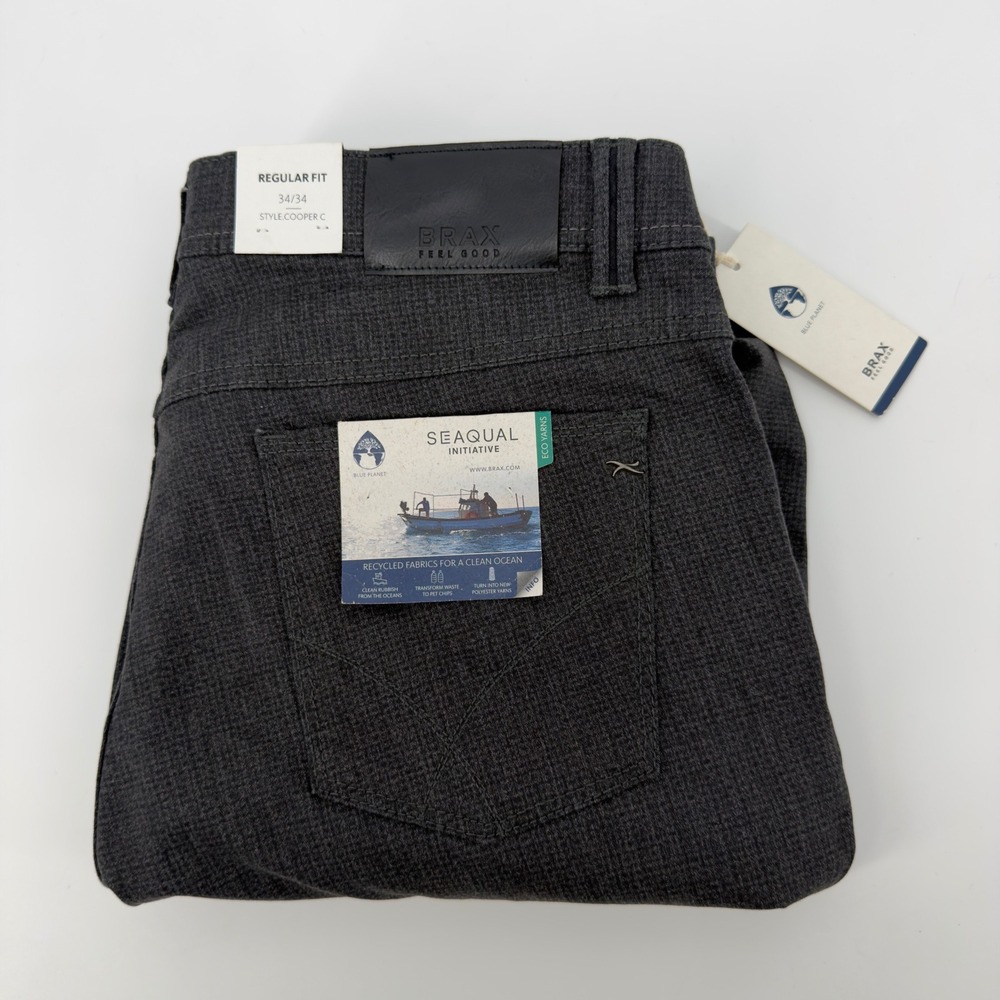 NEW Brax Cooper C Regular Fit Pants 34x34 Grey Seaqual Stretch 85-1967/05
